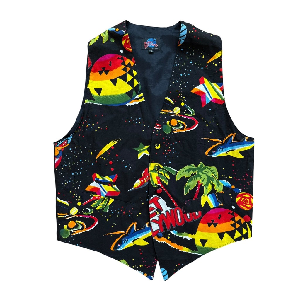 Vintage 1991 Planet Hollywood Vest Mens L/XL Space Tropical Graphic Black Rayon